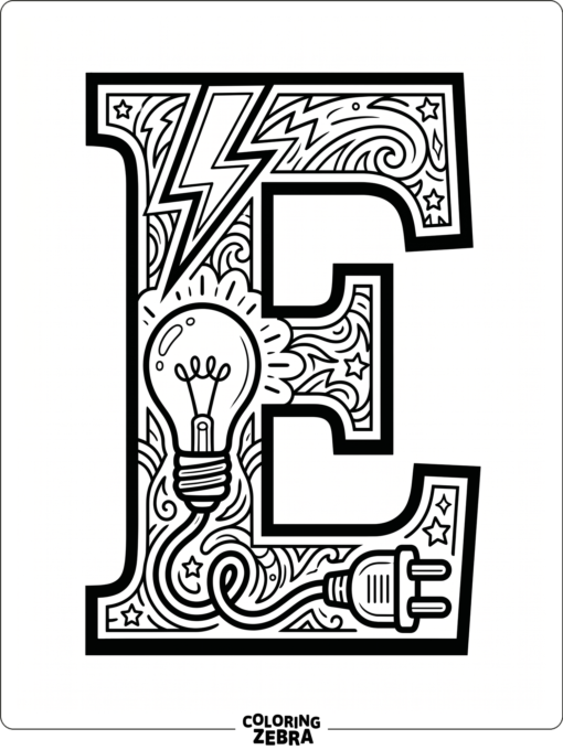 A large letter E with a lightning bolt and bulb