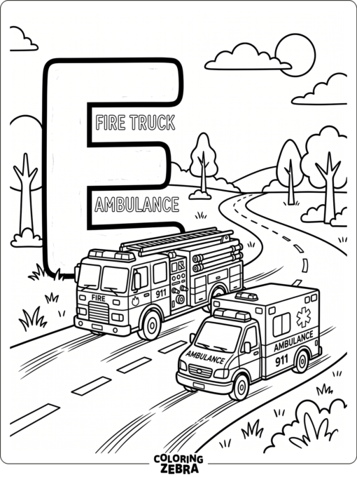 A big letter E with an ambulance and fire truck