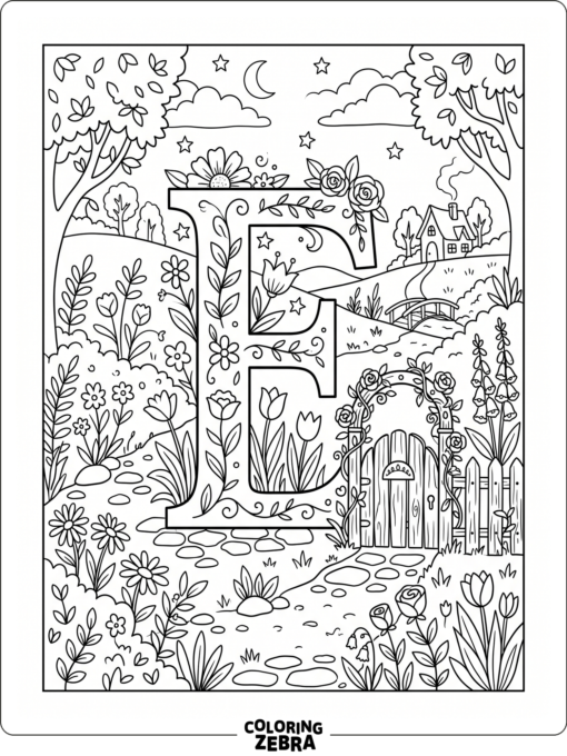 A letter E in an enchanted garden scene