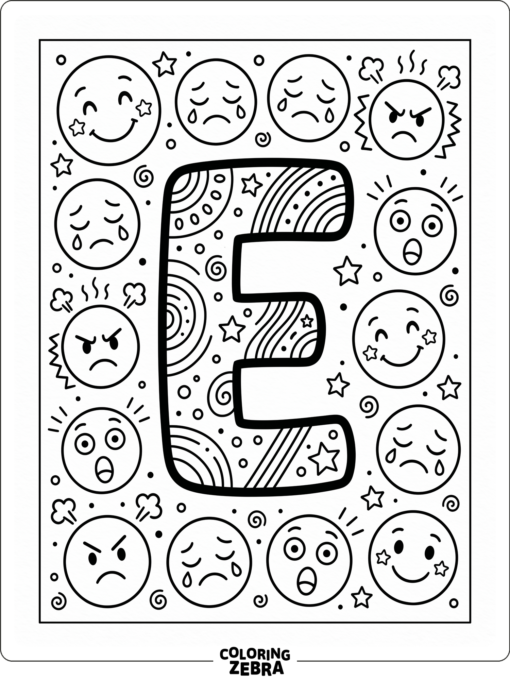 A letter E with four emotion faces