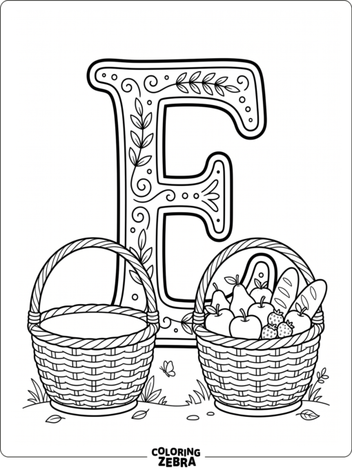 A big letter E with empty and full baskets