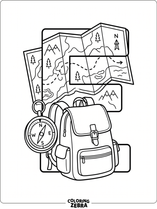 A letter E with explorer gear and a map
