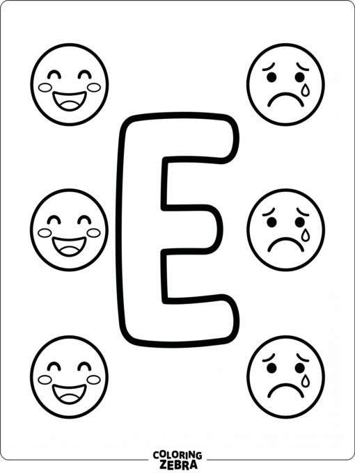 A letter E with emotion faces around it