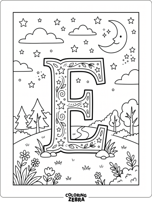 A large letter E beneath stars and a moon