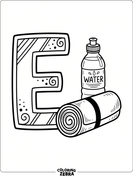 A big letter E with an exercise mat and bottle
