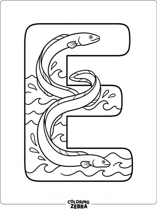 An eel swimming beside a large letter E