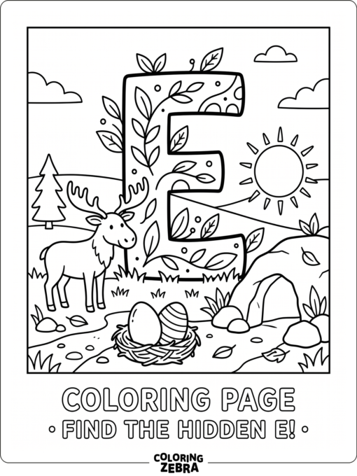 A large letter E with simple hidden object clues