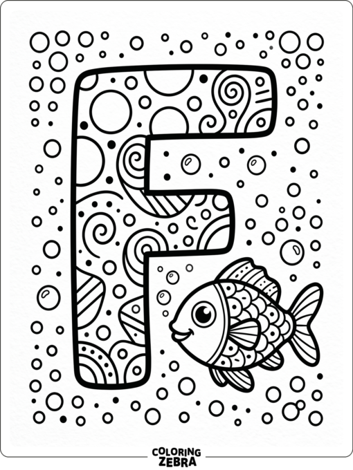 Letter F pages for preschoolers with a fish and dots