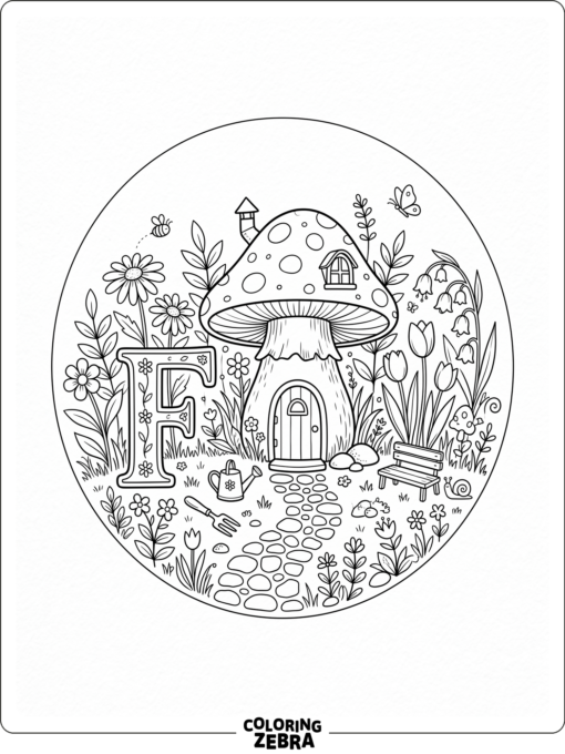 A fairy garden with flowers, a mushroom house, and a bold letter F