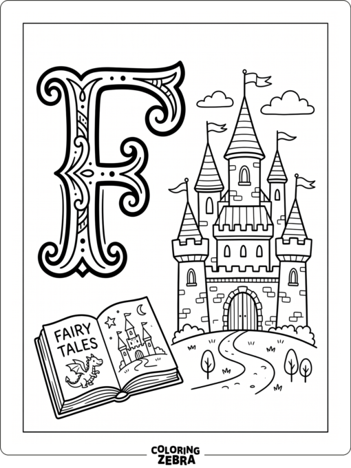 A fairy tale castle beside an open book and a large letter F