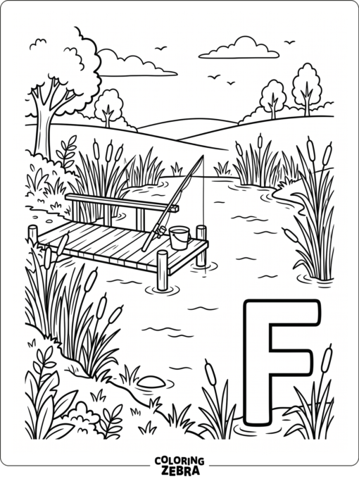A quiet pond with a dock, reeds, and a large letter F
