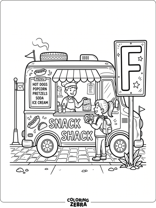 A food truck with a serving window and a large letter F