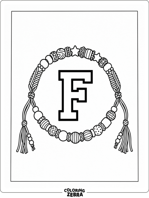 A friendship bracelet with beads beside a large letter F