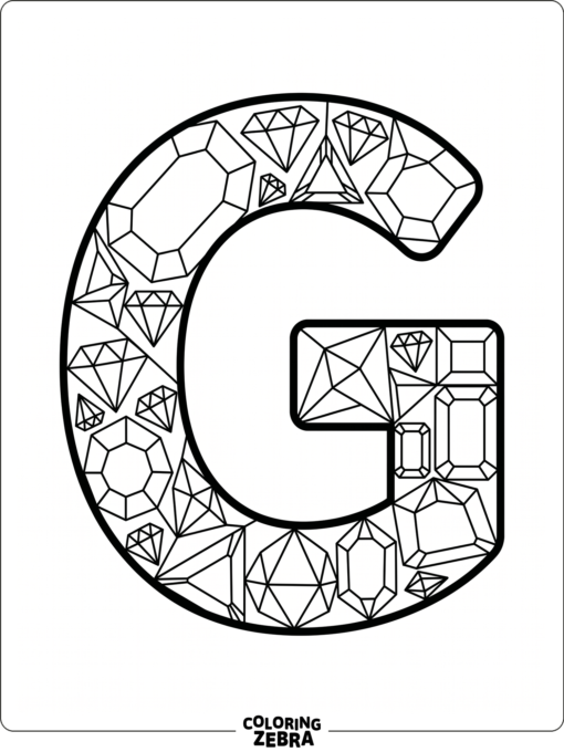 A letter G filled with gemstone shapes and facets