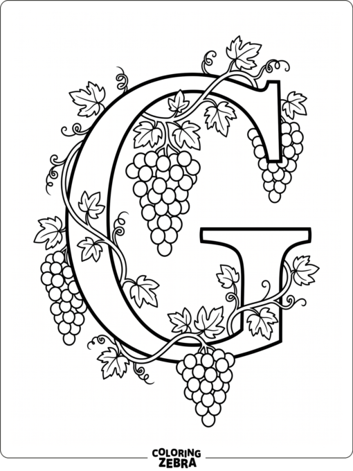 A grapevine with hanging grapes curls around a big letter G