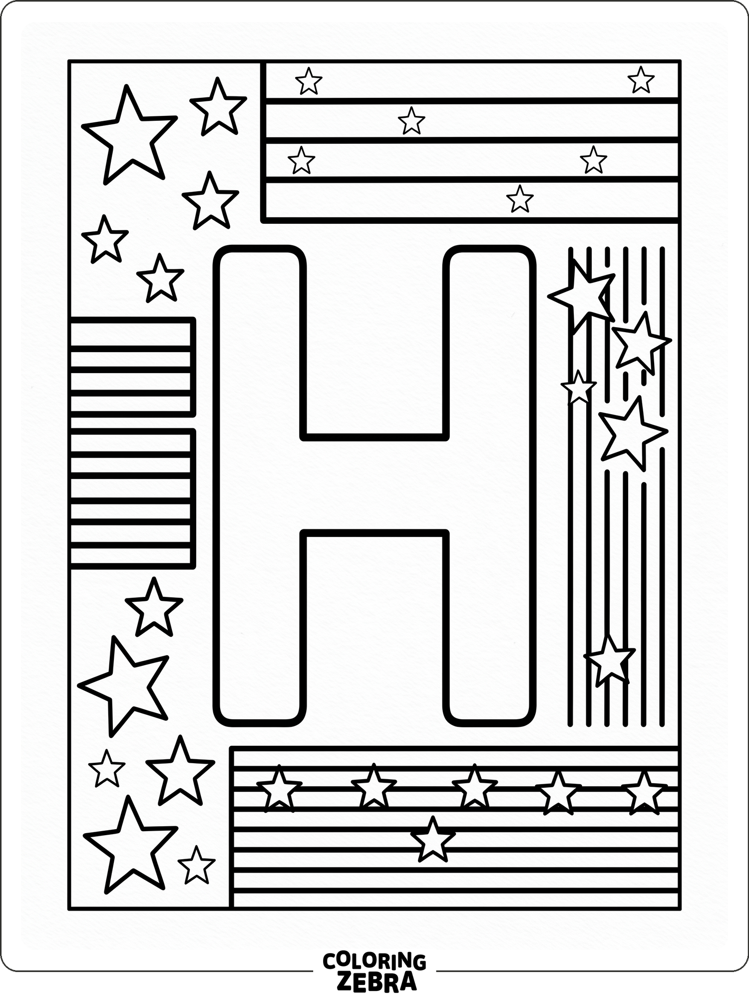 A bold letter H surrounded by simple shapes and open spaces