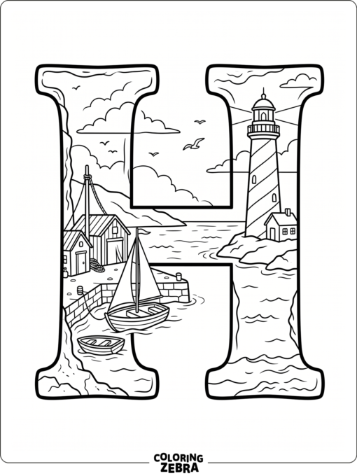A large H with a boat in a quiet harbor