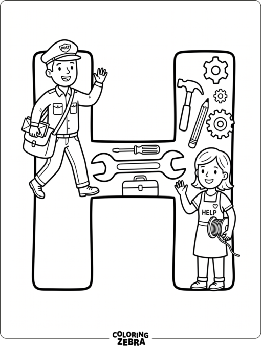 An uppercase H with a mail carrier and helper tools