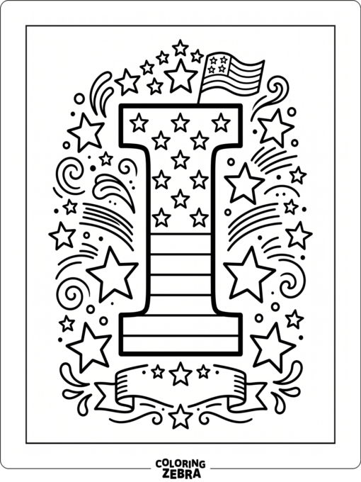 A bold capital I with stars and stripes
