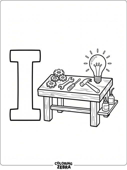 Una letra I con herramientas y un laboratorio de inventos lleno de ideas brillantes