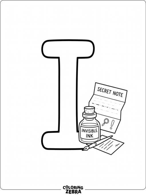 Una letra «I» junto a un frasco de tinta invisible y una nota
