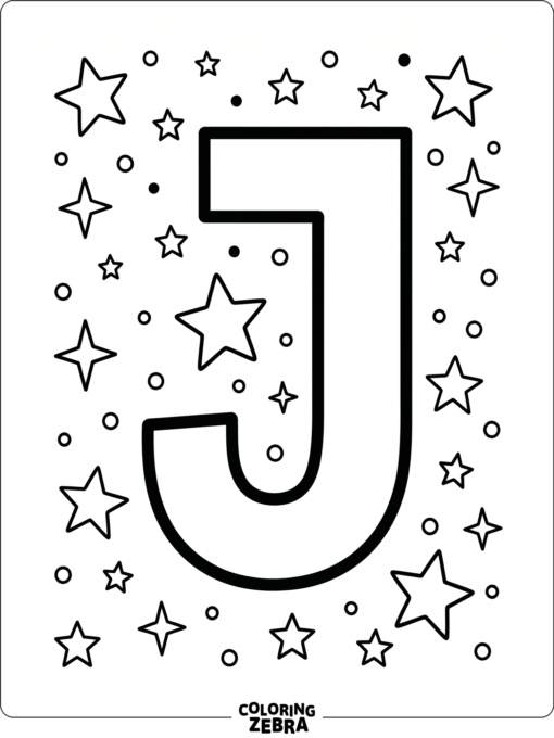 A bold letter J with stars and dots around it