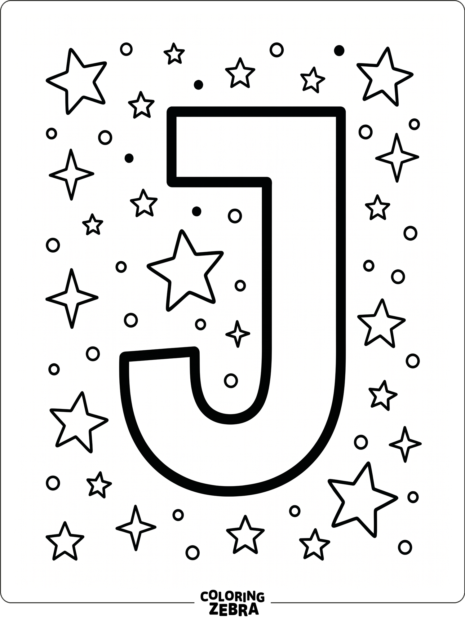 A bold letter J with stars and dots around it