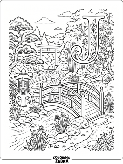 A small Japanese garden with a large letter J