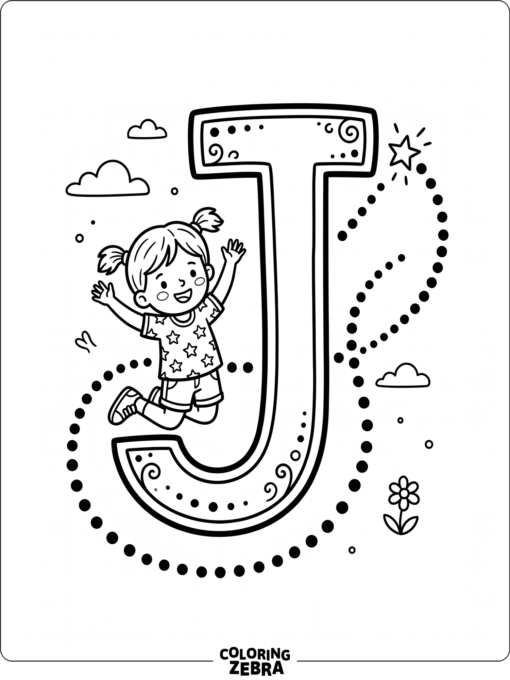 A letter J with a jumping child and dotted path