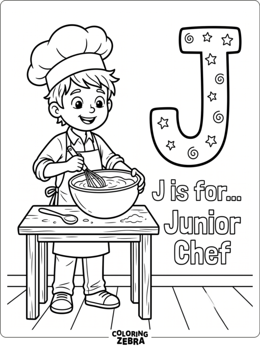 A young chef stirring a bowl next to a large letter J