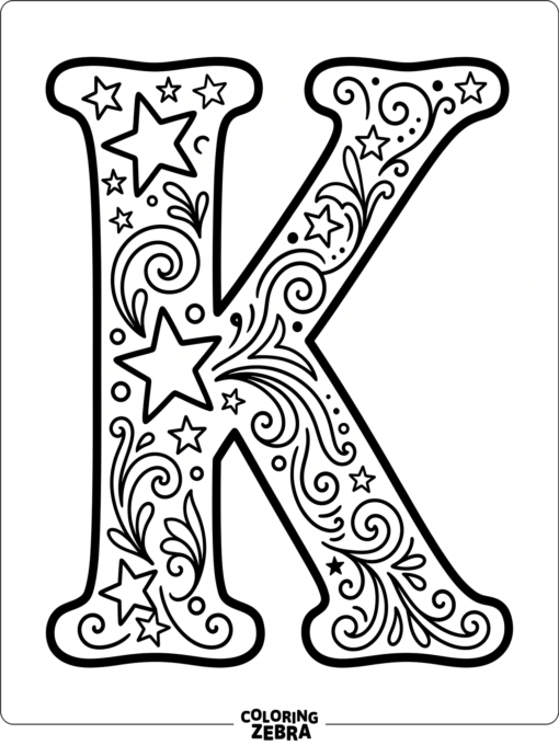 A bold letter K with stars and swirls