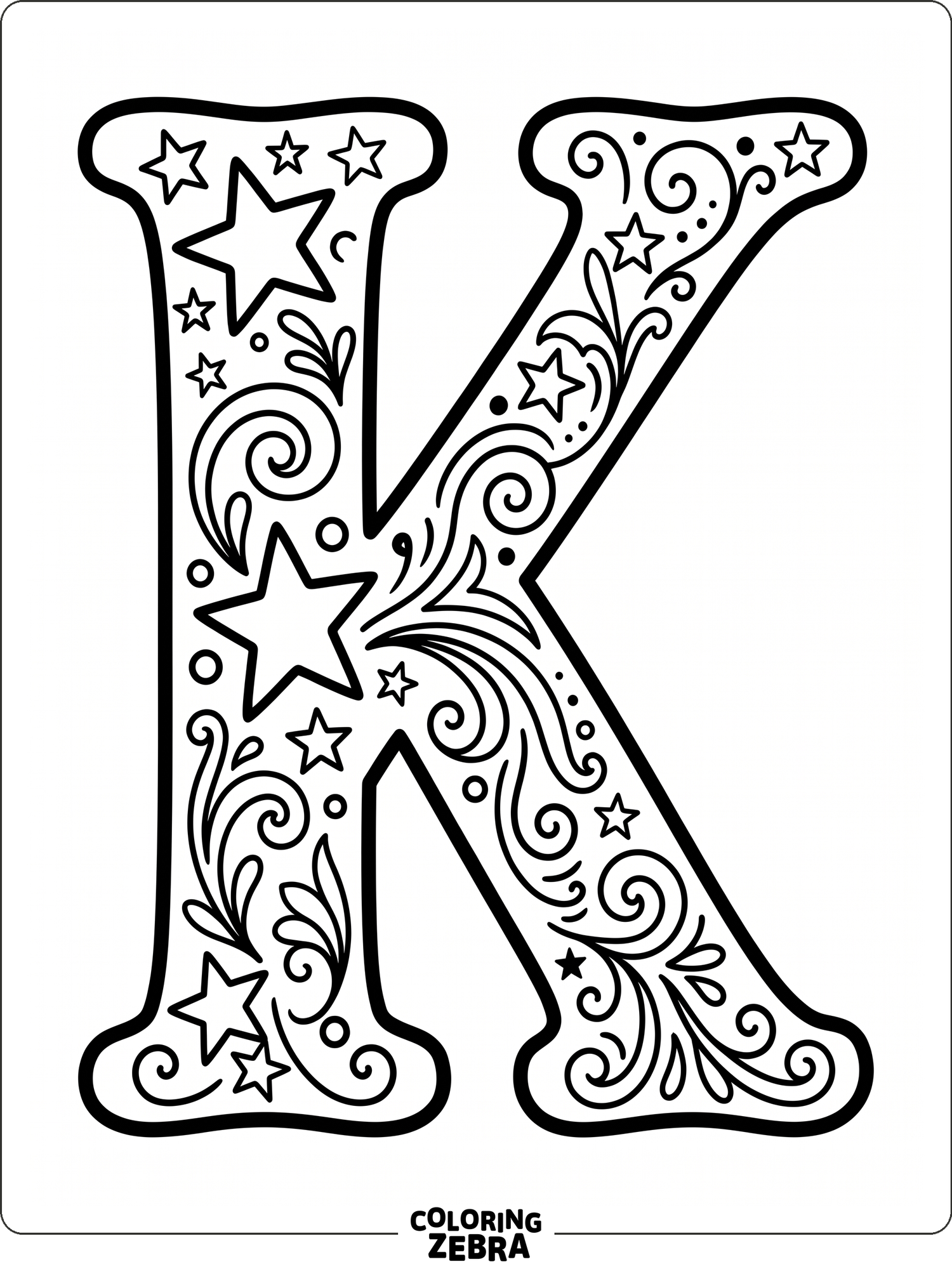 A bold letter K with stars and swirls