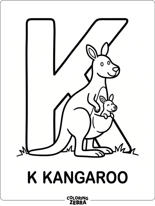 A kangaroo with a joey peeking from the pouch near a large K