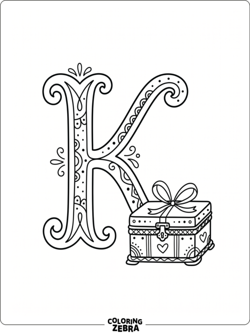 A letter K beside a keepsake box with a bow