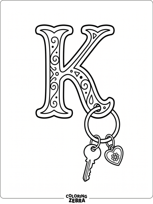 A decorative keychain hanging beside a large letter K