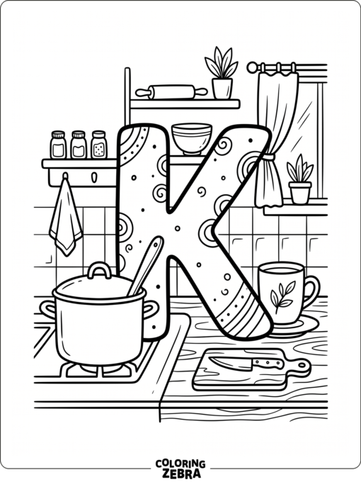 A kitchen scene with a large K and cookware