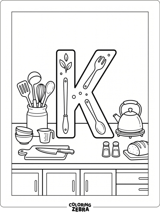 A letter K with a whisk, spoon, and spatula
