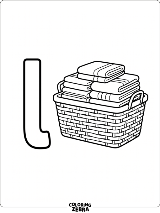 A letter L with a laundry basket and folded towels