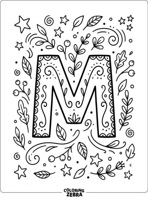 A bold letter M surrounded by stars and leaves