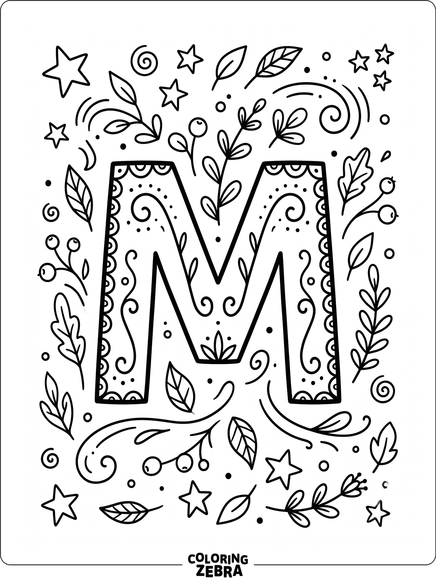 A bold letter M surrounded by stars and leaves