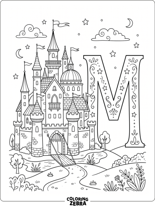 A magic castle with towers stands beside a bold letter M