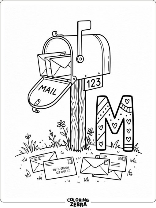 A mailbox with letters sits beside a bold letter M