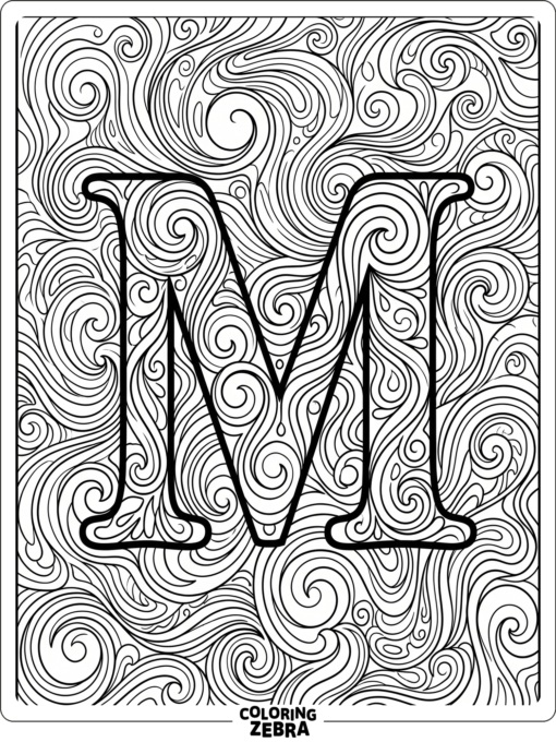 A marble pattern of swirls surrounds a bold letter M
