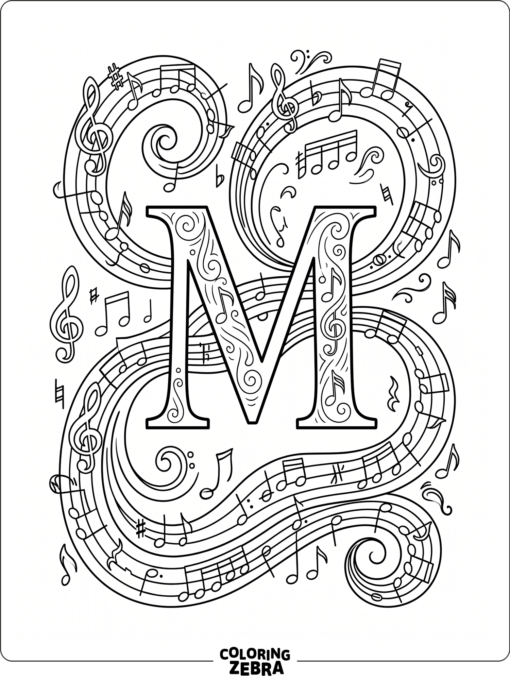 Music notes swirl around a bold letter M