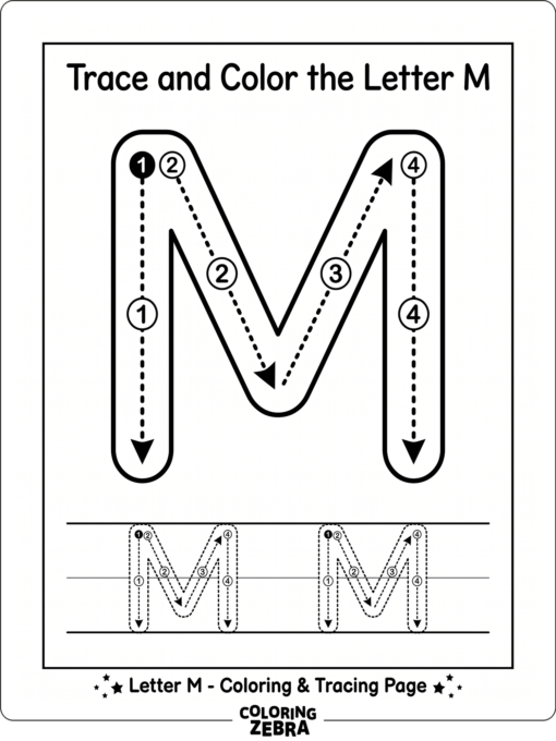 A letter M with dotted tracing paths and arrows