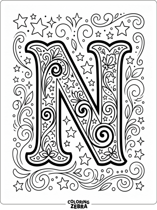 A bold uppercase N with stars and swirls
