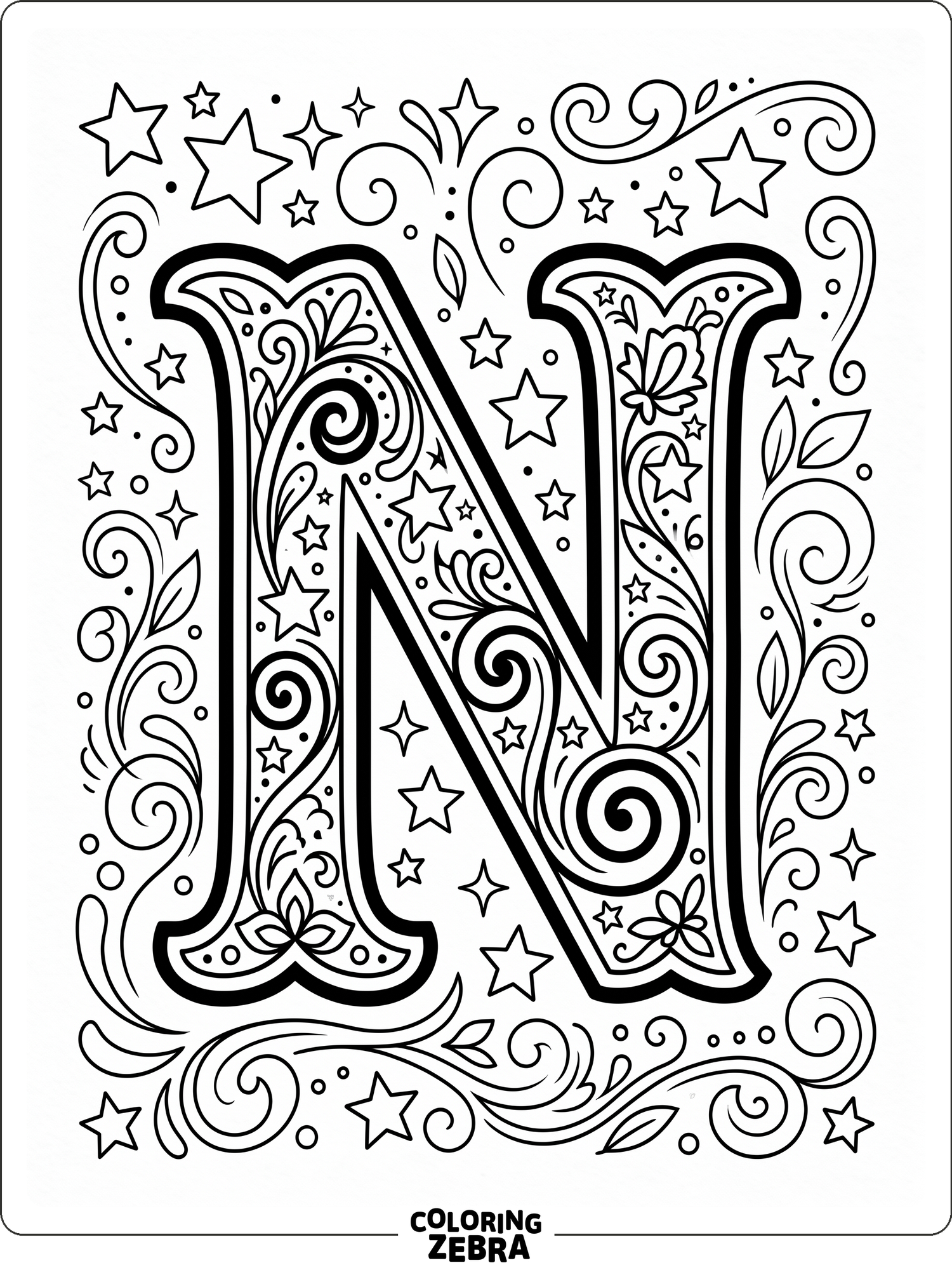 A bold uppercase N with stars and swirls