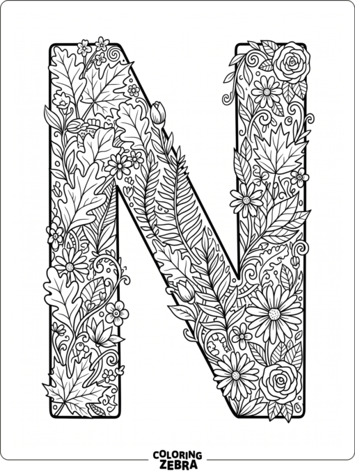A big letter N filled with leaves, flowers, and vines