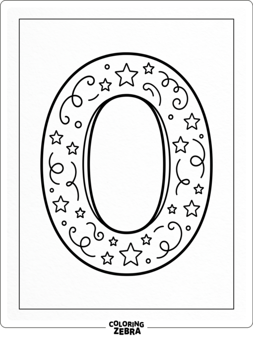 A bold letter O surrounded by simple stars and swirls