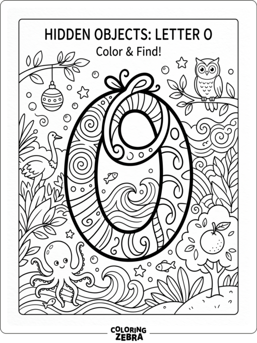 A large letter O is surrounded by a few simple hidden objects